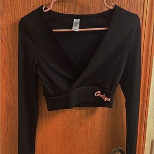 Black Long Sleeve Crop Top with Embroidered Oklahoma State Cowboys Detail